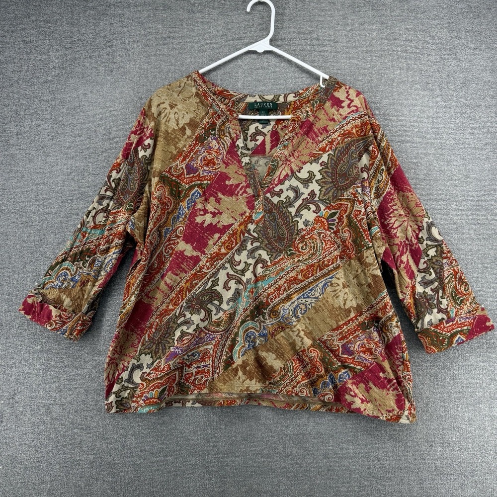Lauren Ralph Lauren Blouse Top Women Size 2X Paisley Brown Casual V Neck Cotton
